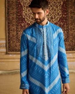 Blue Chevron Print & Embellished Kurta With Solid Blue Pants