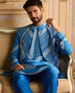 Blue Chevron Print & Embellished Kurta With Solid Blue Pants
