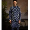 Blue Chevron Print With Silver Highligted Bundi And Kurta Paired With Printed Pants