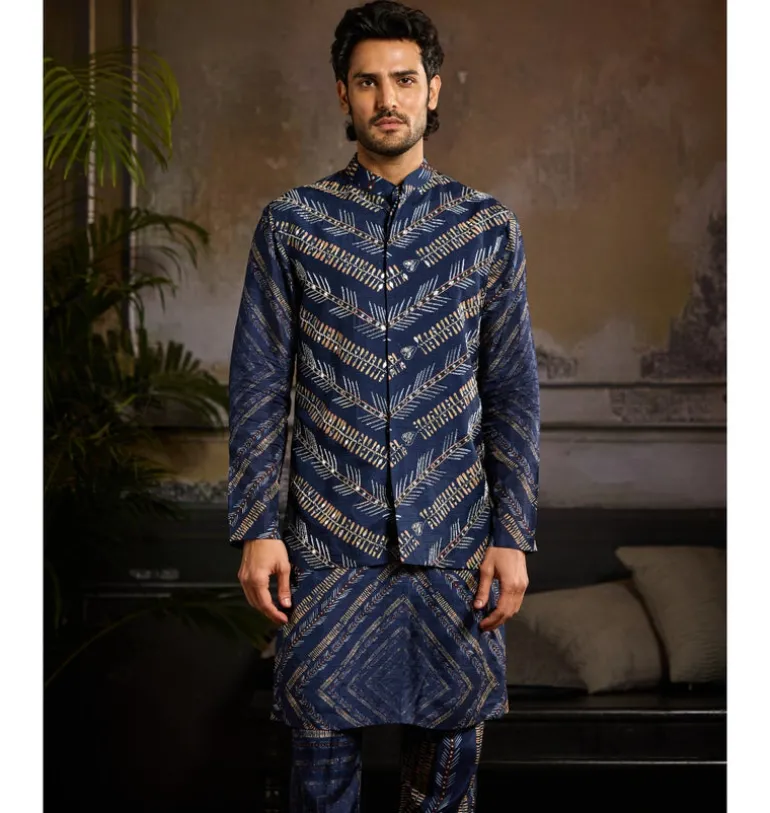 Blue Chevron Print With Silver Highligted Bundi And Kurta Paired With Printed Pants