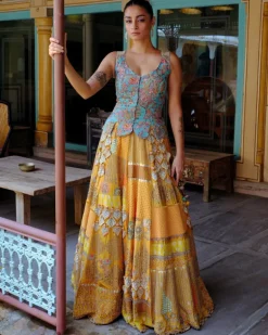 Blue Corset & Mustard Lehenga Set