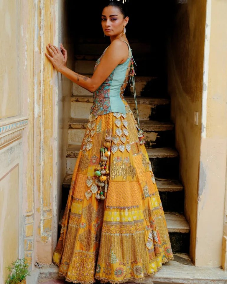 Blue Corset & Mustard Lehenga Set