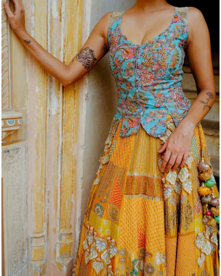 Blue Corset & Mustard Lehenga Set