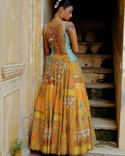 Blue Corset & Mustard Lehenga Set