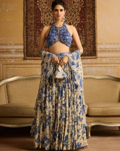 Blue Embroidered Blouse And Lehenga Set