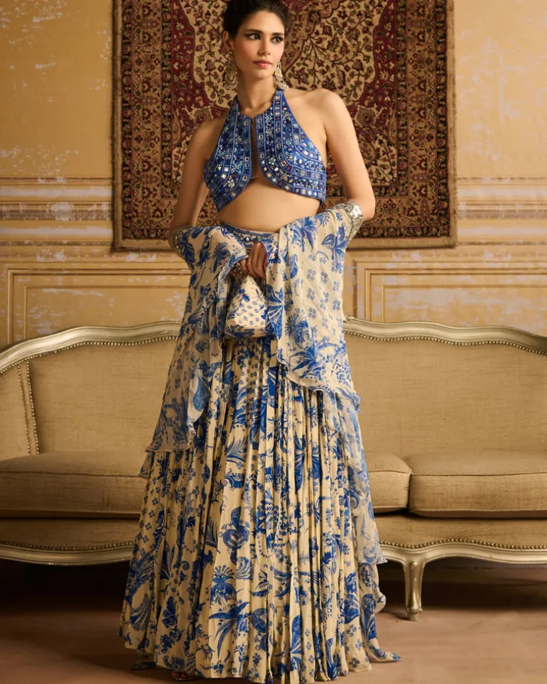 Blue Embroidered Blouse And Lehenga Set