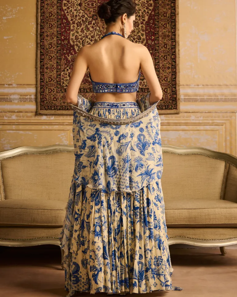 Blue Embroidered Blouse And Lehenga Set