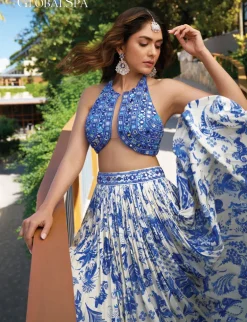 Blue Embroidered Blouse And Lehenga Set