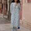 Blue Fire Print Hand Embroidered Kurta Set