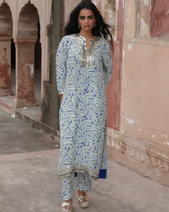 Blue Fire Print Hand Embroidered Kurta Set