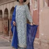 Blue Fire Print Hand Embroidered Round Neck Kurta Set