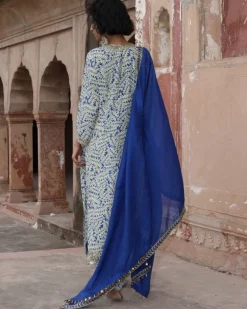 Blue Fire Print Hand Embroidered Round Neck Kurta Set