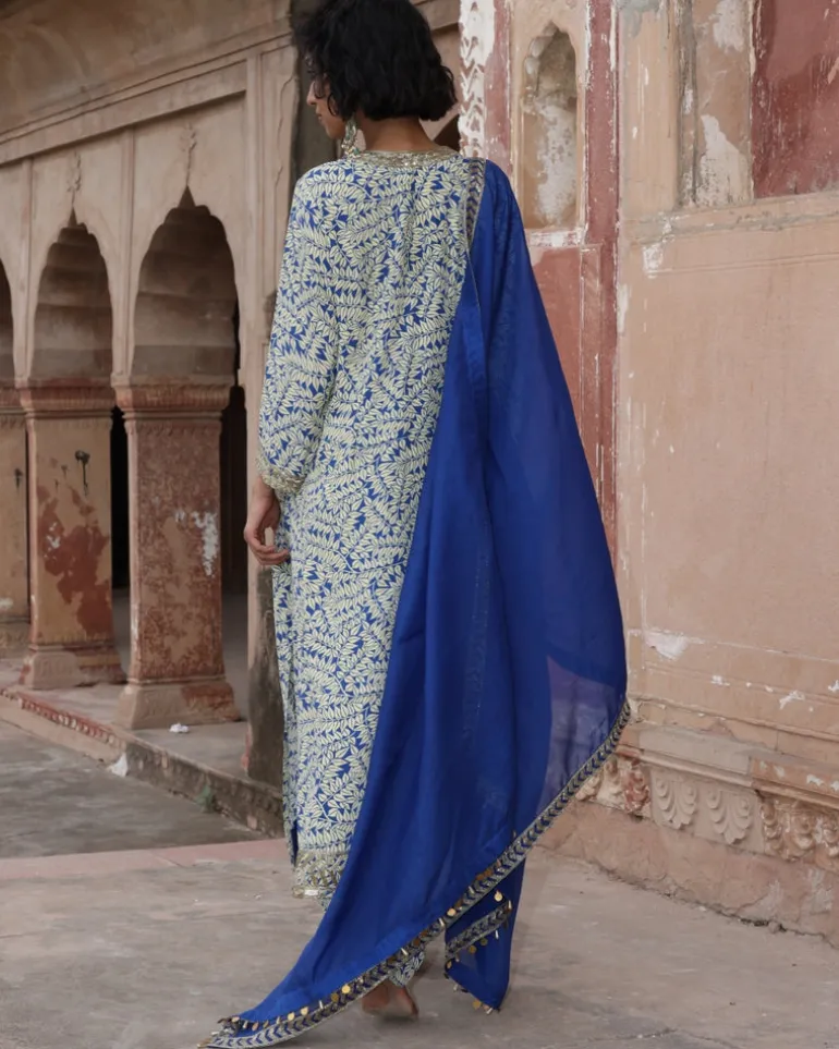 Blue Fire Print Hand Embroidered Round Neck Kurta Set