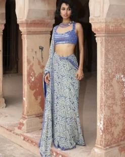 Blue Fire Print Hand Embroidered Sari Set