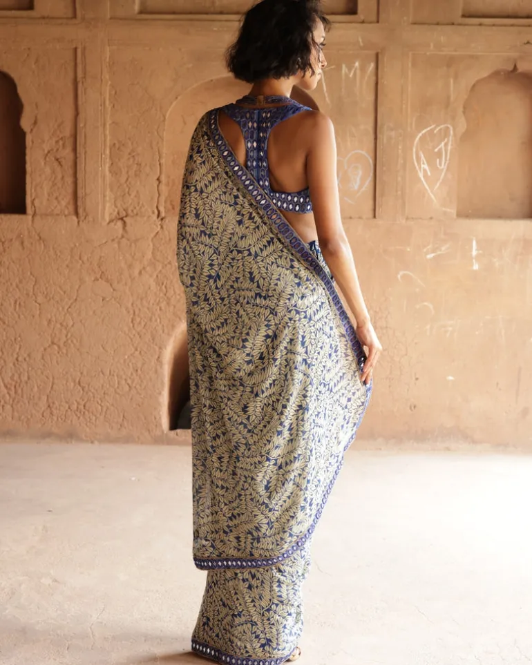 Blue Fire Print Hand Embroidered Sari Set