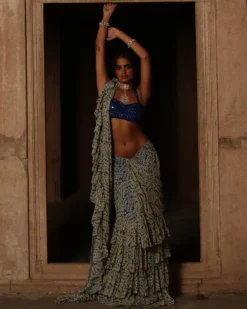 Blue Fire Print Ruffle Sari Set