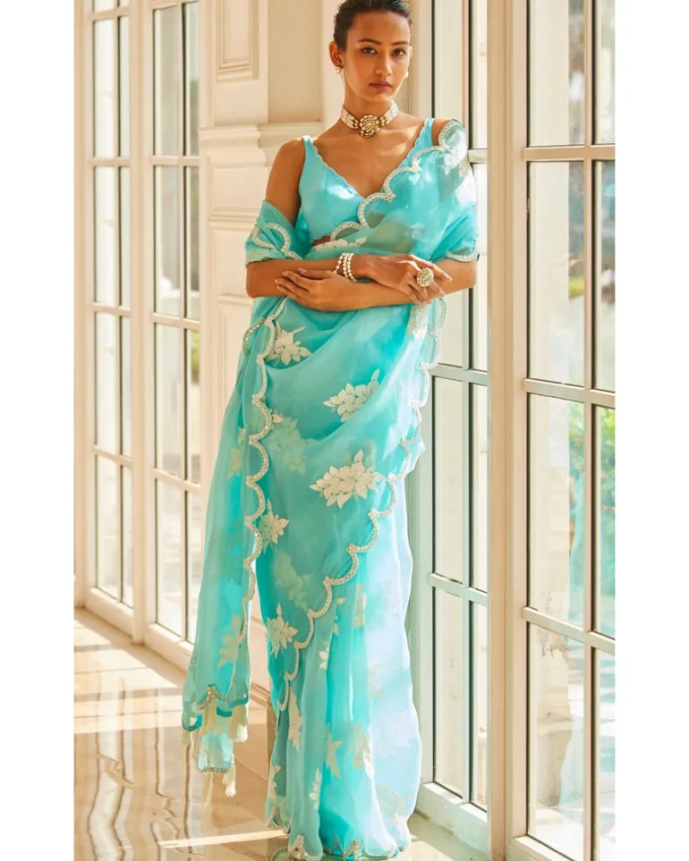 Blue Flower Sari Set