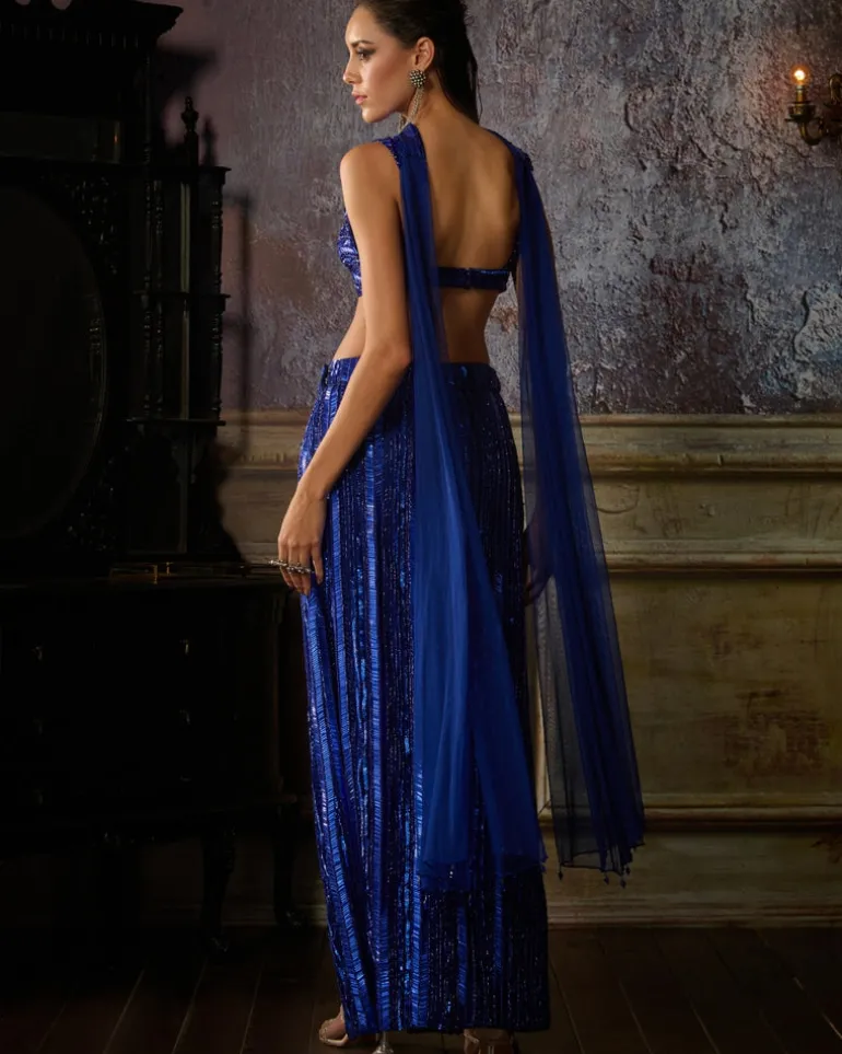 Blue Fully Embroidered Blouse And Slit Skirt With Choker Dupatta