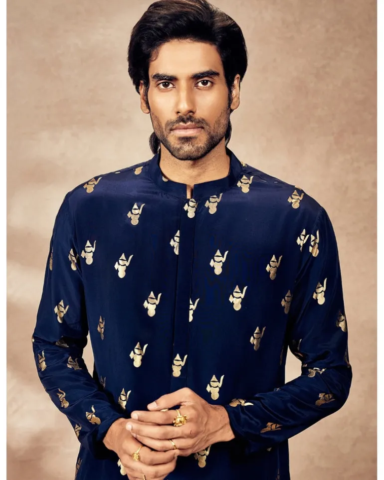 Blue Ganesha Foil Kurta Set