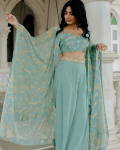 Blue Georgette Printed Jacket Set