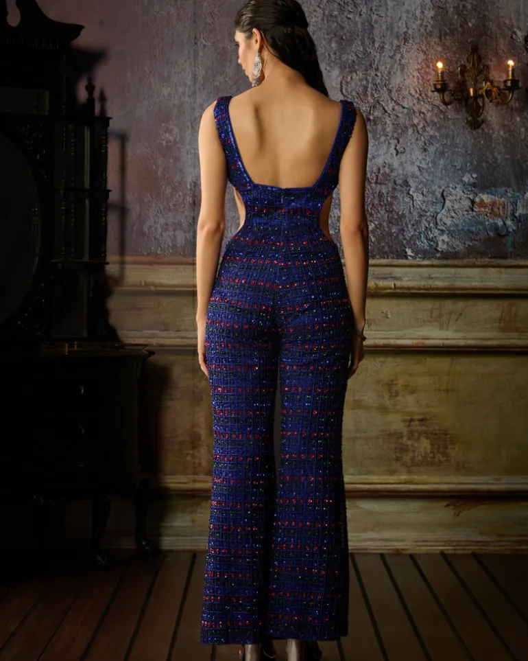 Blue Green And Red Fully Embroidered Jumpsuit