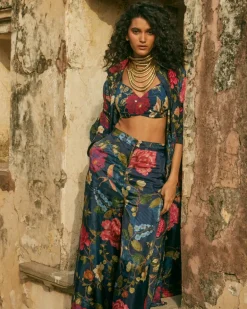 Blue Habutai Floral Co-Ord Pant Set