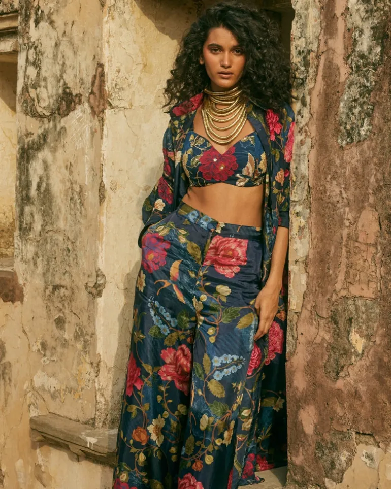 Blue Habutai Floral Co-Ord Pant Set