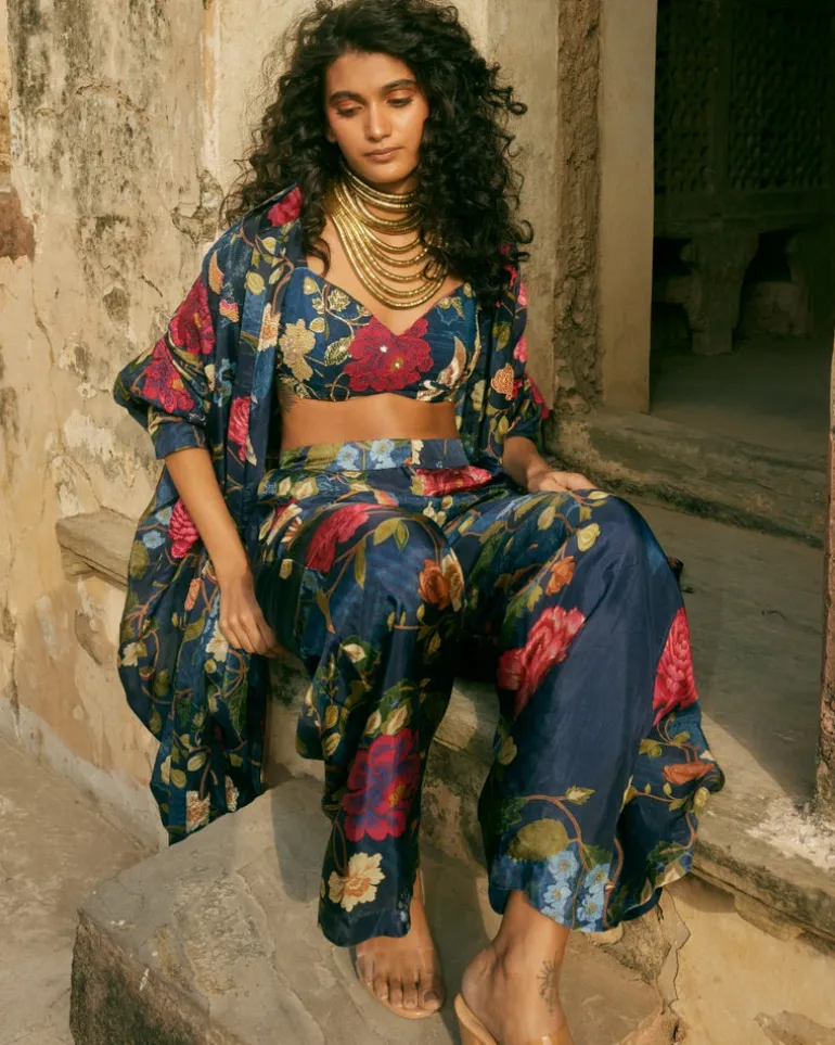 Blue Habutai Floral Co-Ord Pant Set