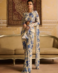 Blue Highlighted Blouse And Dhoti Sari Set