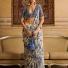 Blue Highlighted Blouse And Tiered Sari Set