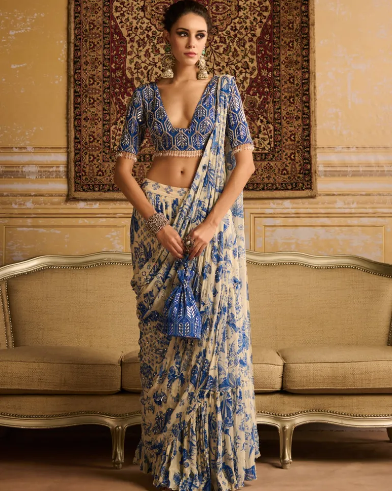 Blue Highlighted Blouse And Tiered Sari Set