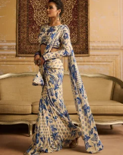 Blue Highlighted Blouse And Dhoti Sari Set