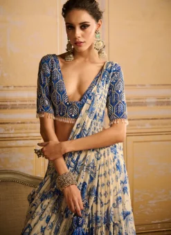 Blue Highlighted Blouse And Tiered Sari Set