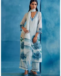 Blue Kota Silk Hand-Painted Embroidered Kurta Set