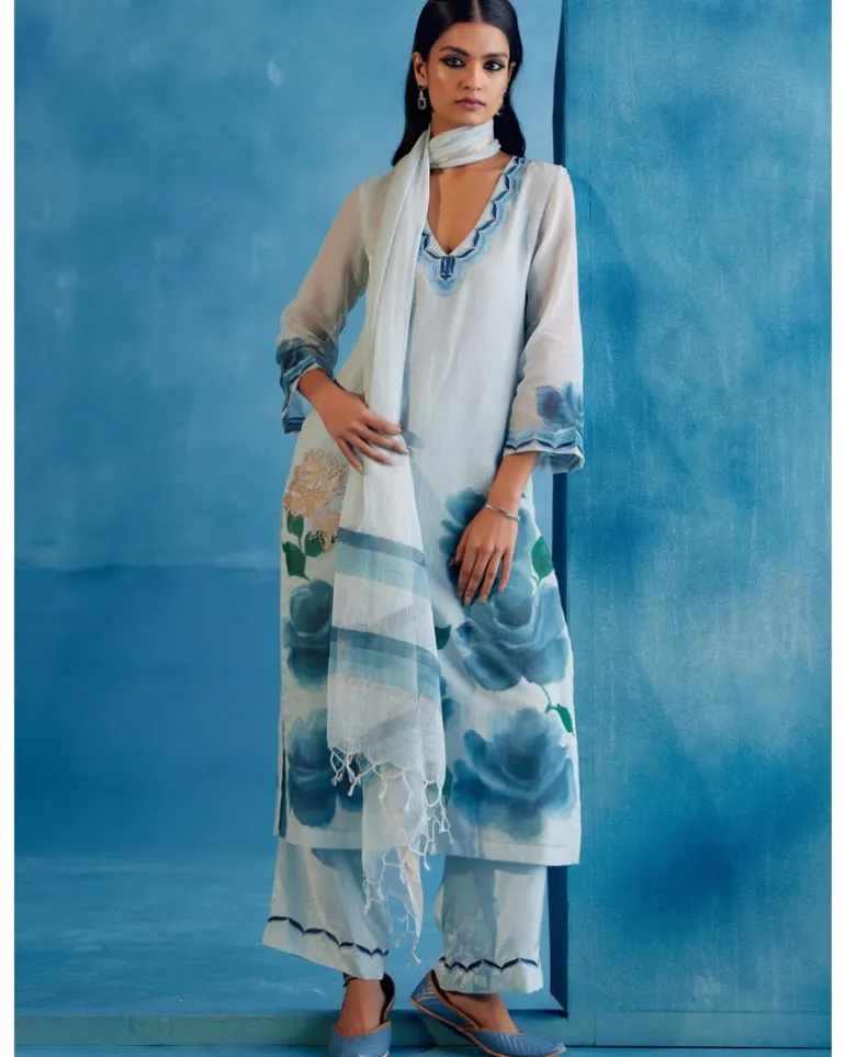 Blue Kota Silk Hand-Painted Embroidered Kurta Set