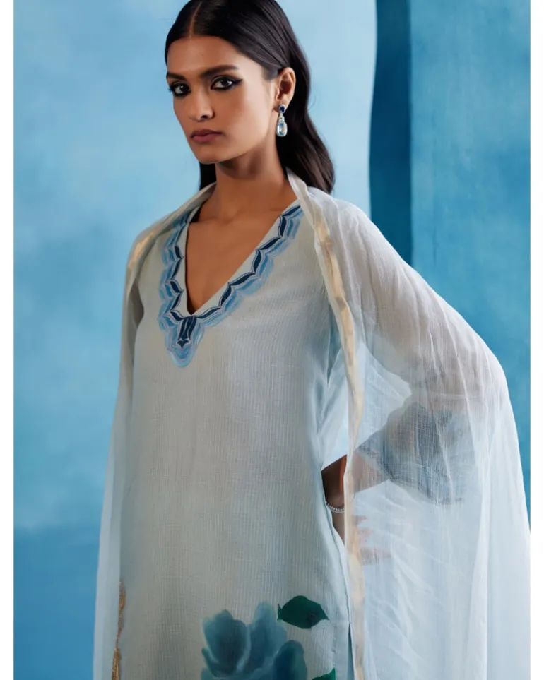 Blue Kota Silk Hand-Painted Embroidered Kurta Set