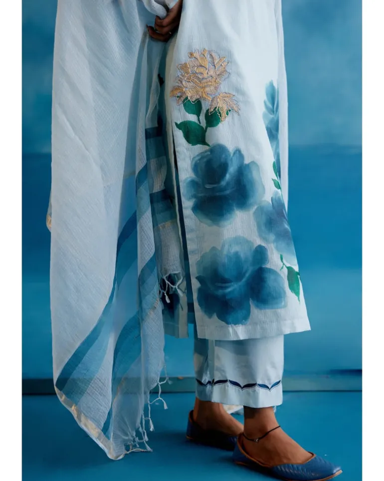 Blue Kota Silk Hand-Painted Embroidered Kurta Set