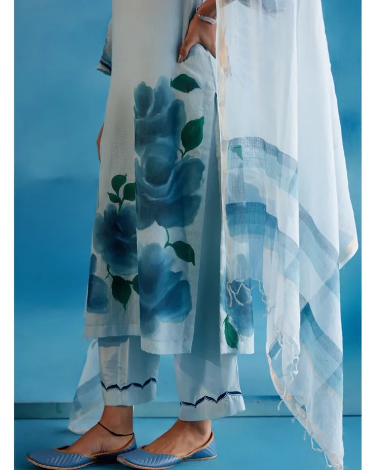 Blue Kota Silk Hand-Painted Embroidered Kurta Set