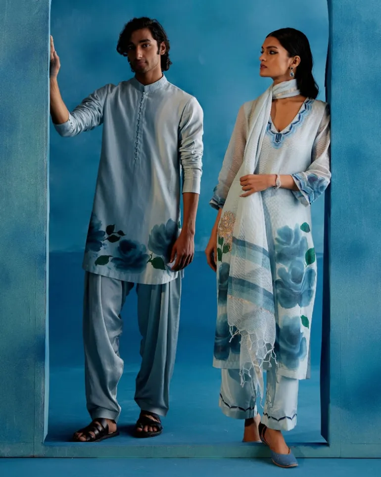 Blue Kota Silk Hand-Painted Embroidered Kurta Set