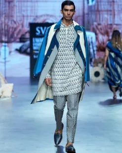 Blue Kurta Set with Stripe Trench Coat Set