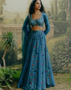 Blue Mix Print Paneled Lehenga Set