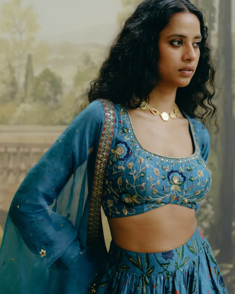 Blue Mix Print Paneled Lehenga Set