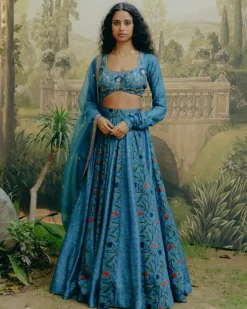 Blue Mix Print Paneled Lehenga Set