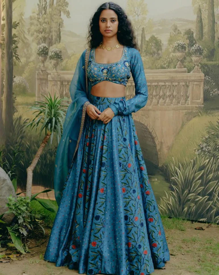 Blue Mix Print Paneled Lehenga Set
