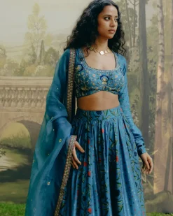 Blue Mix Print Paneled Lehenga Set