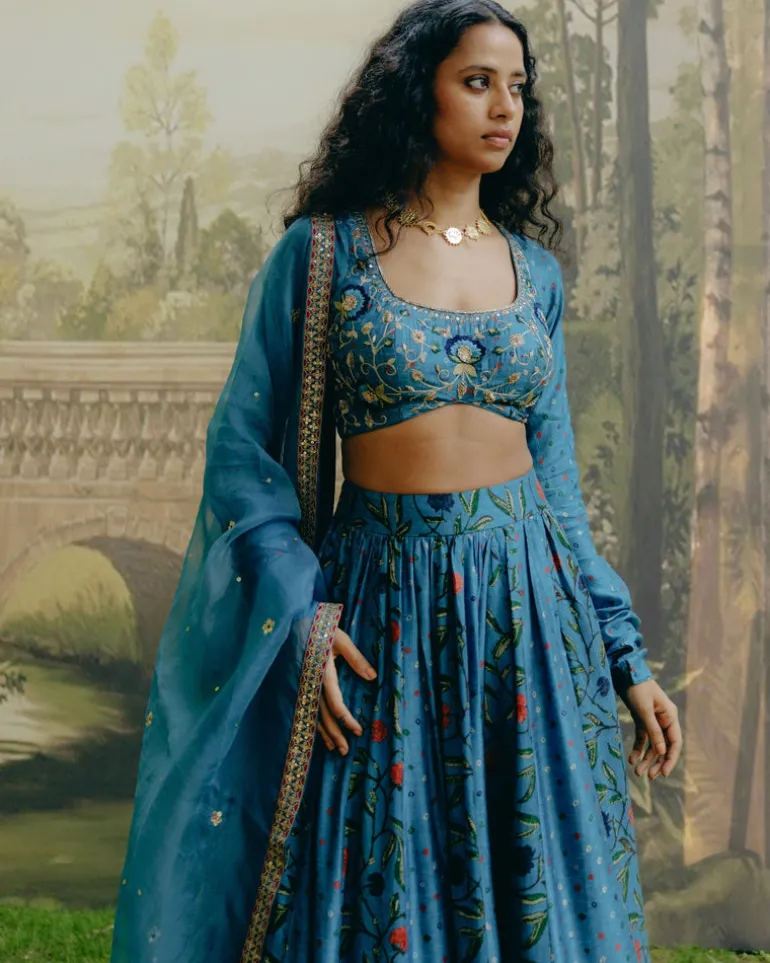 Blue Mix Print Paneled Lehenga Set