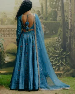 Blue Mix Print Paneled Lehenga Set
