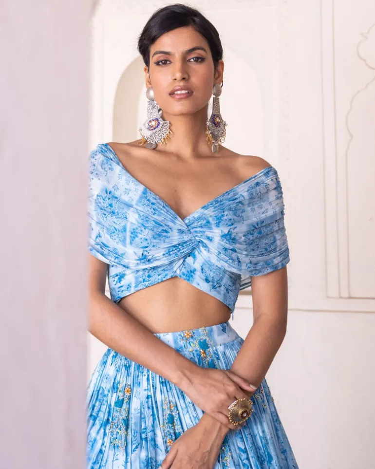 Blue Off Shoulder Lehenga Set