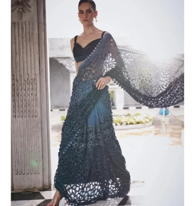 Blue Ombre Cutwork Sari Set