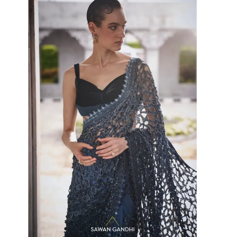 Blue Ombre Cutwork Sari Set